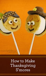 Two s'mores dessert pops with different Thanksgiving decorations on each one