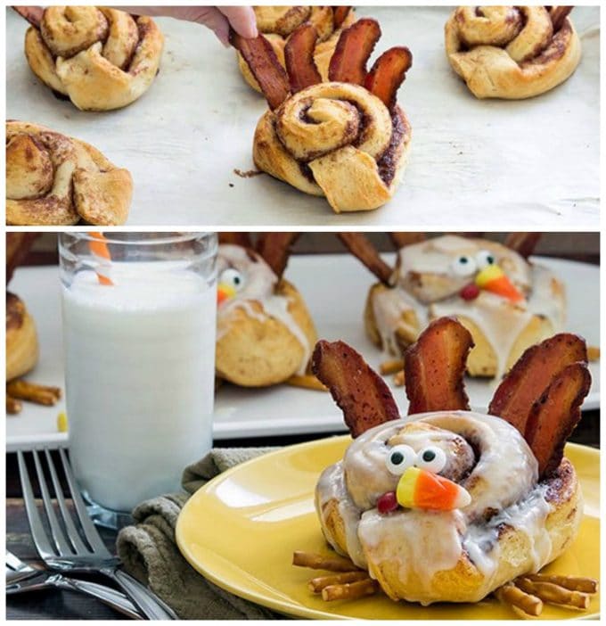Cinnamon rolls decorated with crispy bacon strips, edible googly eyes and a candy corn to look like little turkeys