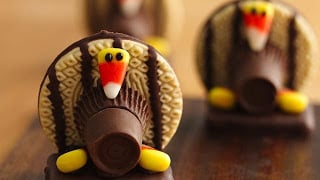 Keebler fudge stripe cookies decorated to look like Thanksgiving turkeys