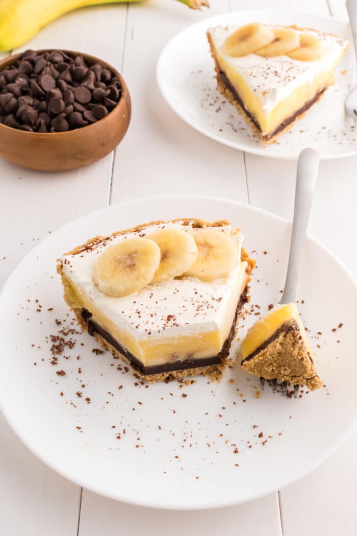 The Banana Fudge Pie with a bite take out with a fork.