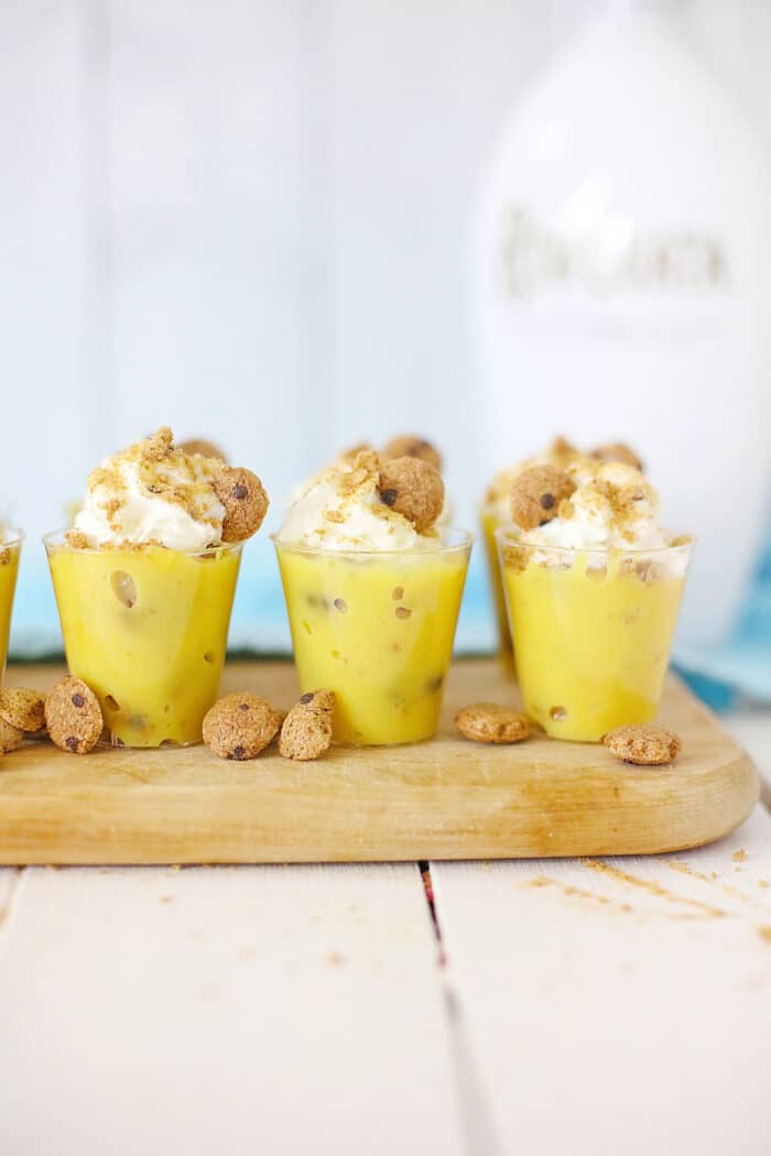 The Chocolate Chip Cookie Pudding Shot with the Rum Chata bottle on the side.