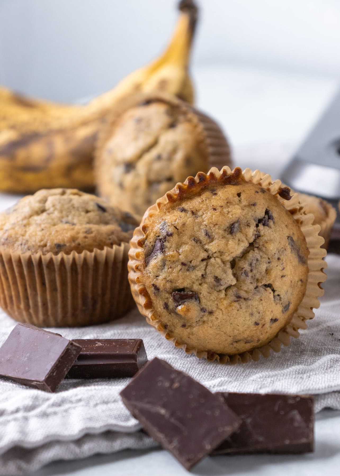 The Chocolate chip Banana Muffins with chocolate pieces on the side.