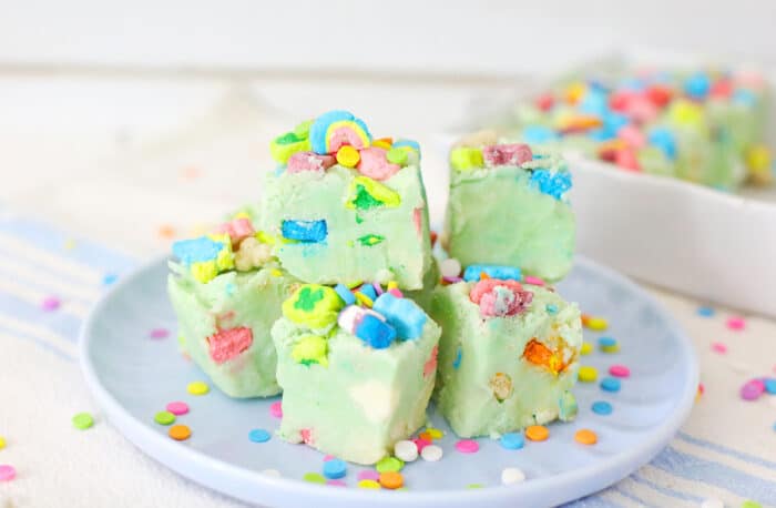 Lucky Charms Fudge on a white table.