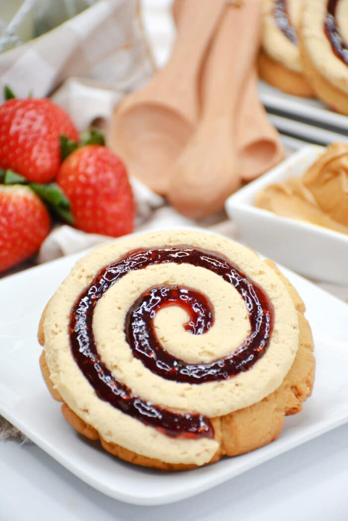 The Peanut Butter and Jelly Cookies on a white plate.