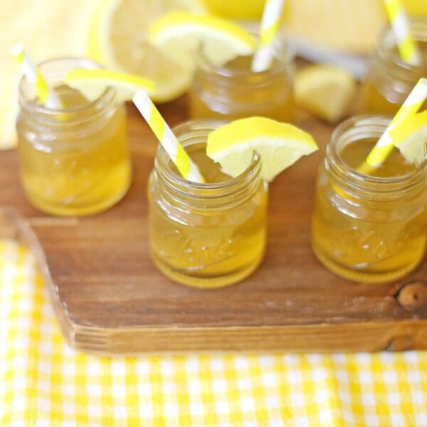 Sweet Tea Jello Shots on a wooden board.