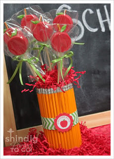 A vase made out of pencils with apple pretzel sticks inside
