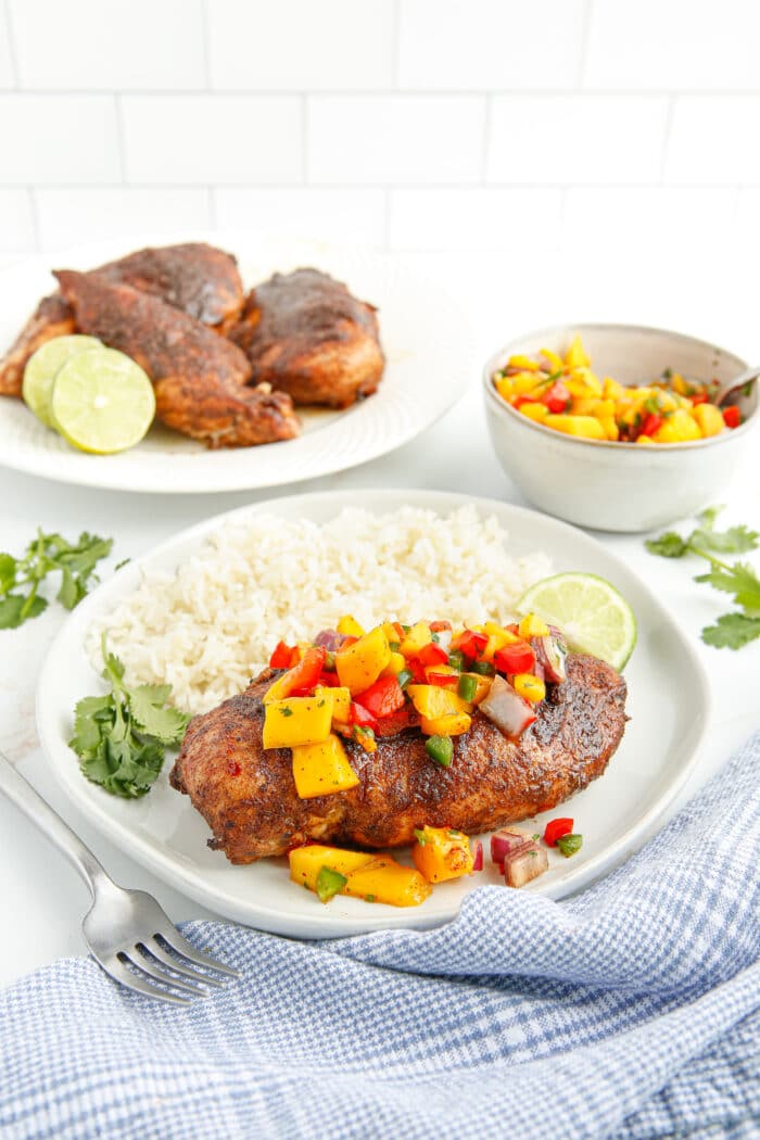 The Air Fryer Jerk Chicken with a side of rice.