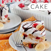 Pinterest graphic with a photo of no bake banana split cake