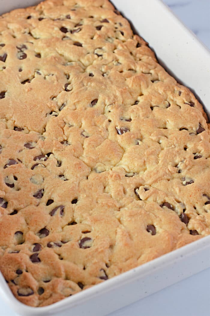 freshly baked chocolate chip cookie bars.