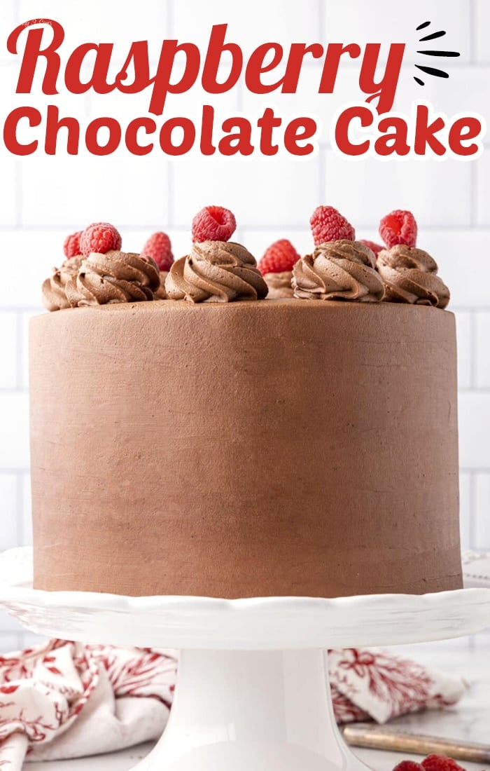 Chocolate Raspberry Cake is a soft, moist, and delicious layered cake. In between each layer is a smooth and creamy chocolate buttercream frosting along with a thin layer of raspberry jam that ties it all together.