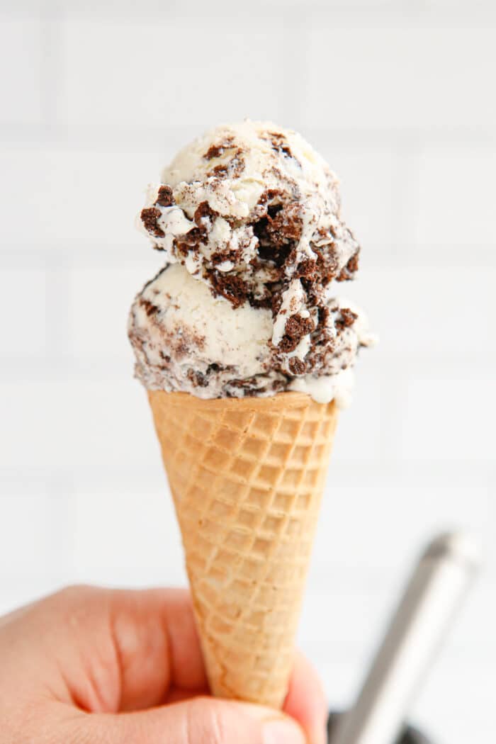 The Cookies and Cream Ice Cream in a cone.