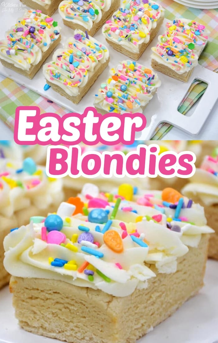 Frosted Easter Blondies topped with a creamy frosting with eye-popping Easter sprinkles.