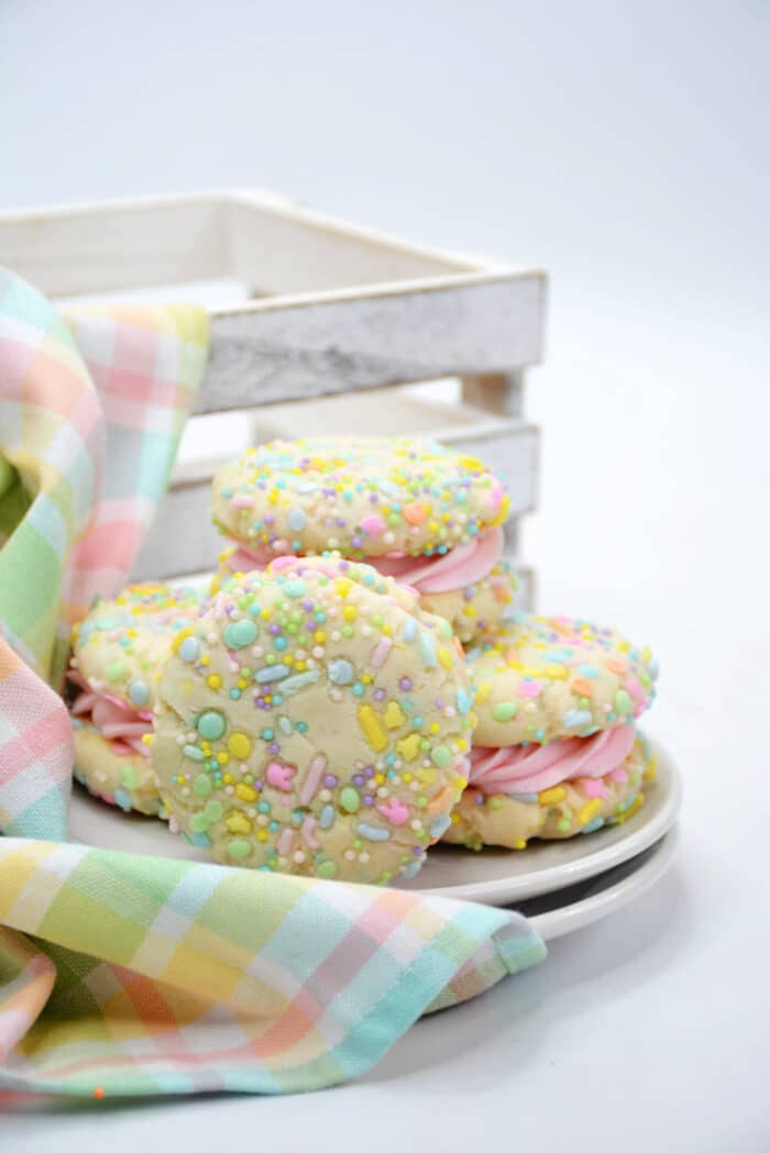 The Easter Whoopie Pie next to a colorful cloth.