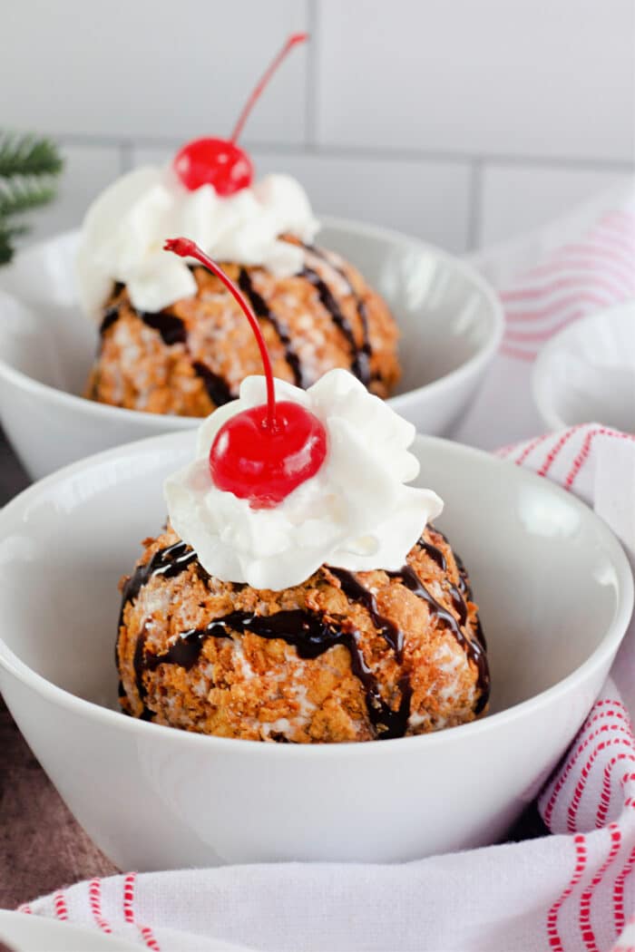 freshly made homemade Fried Ice Cream in a white bowl.