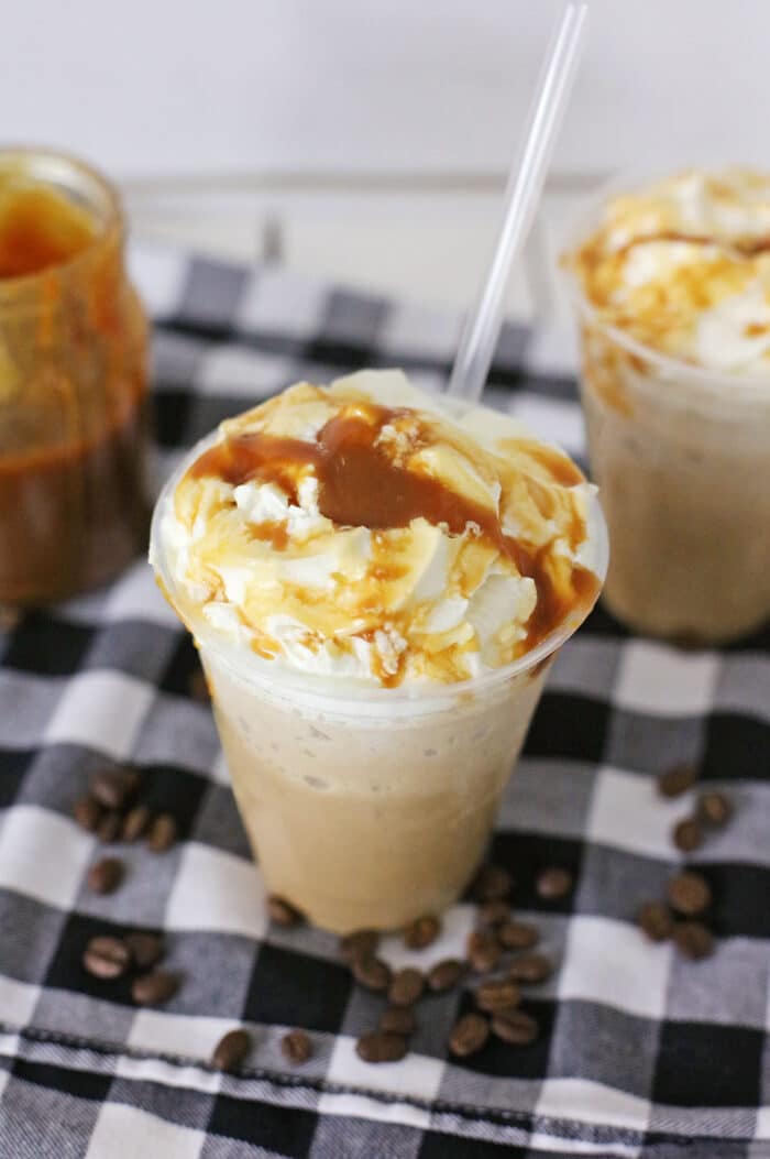 The Frozen Caramel Cold Brew topped with caramel.