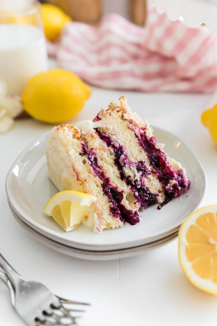Lemon Blueberry Cake on a white table.