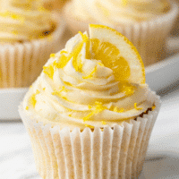 Front view of a lemon cupcake with frosting