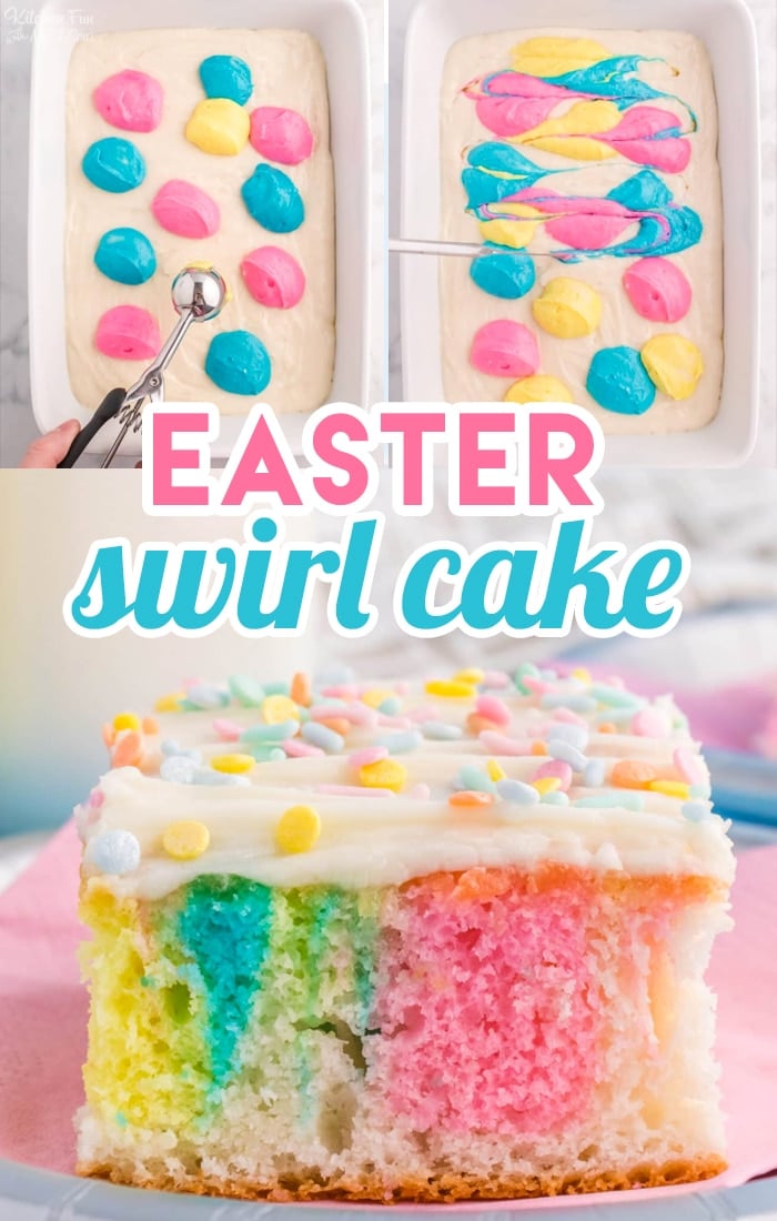Easy Pastel Easter Cake recipe - a moist white cake swirled with beautiful Easter colors. Such a fun and yummy Easter dessert everyone loves.