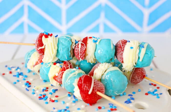 The Patriotic Donut Kabobs on a white table.