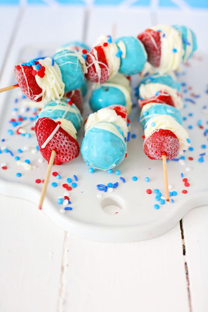 A pile of the Patriotic Donut Kabobs.
