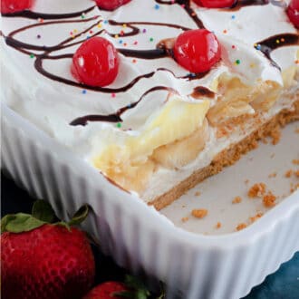 No-Bake Banana Split Cake with the layers showing