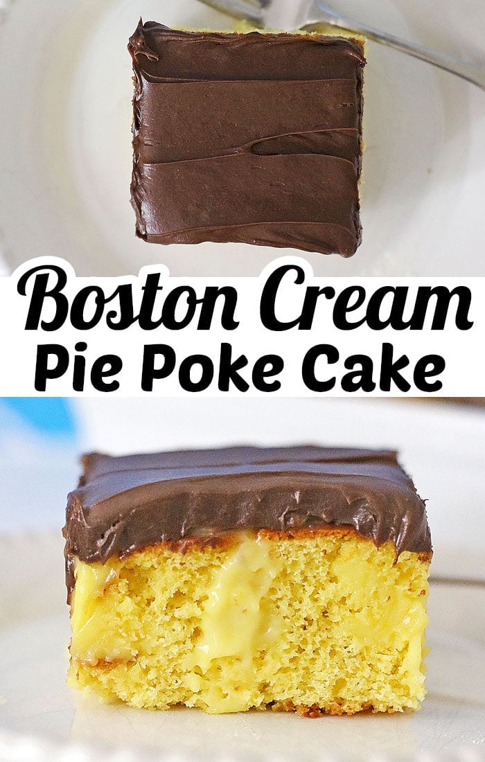 Boston Cream Pie Poke cake is a moist yellow cake full of vanilla cream and topped with a chocolate frosting. 