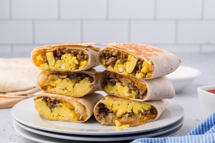 The Breakfast Burritos stacked on top of each other.