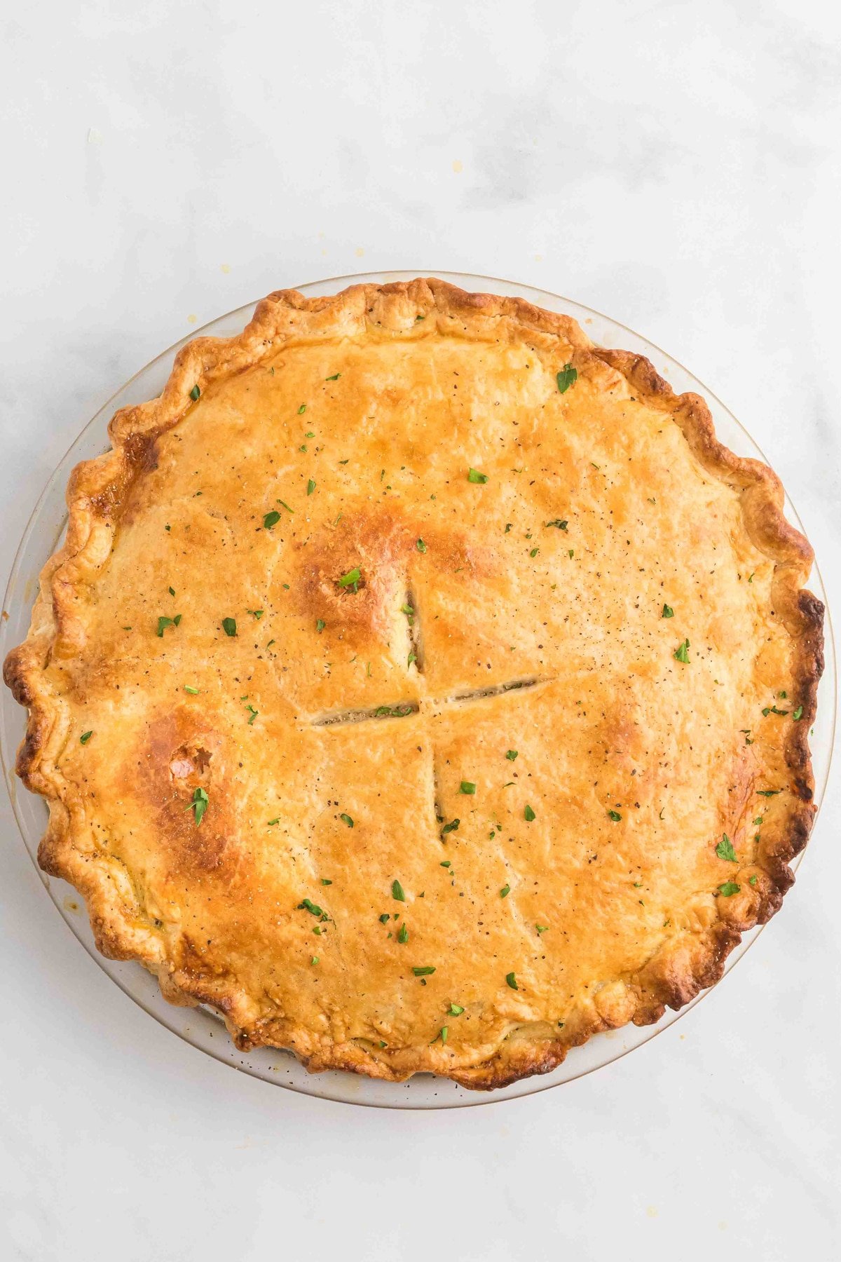 Overhead view of a freshly baked chicken pot pie