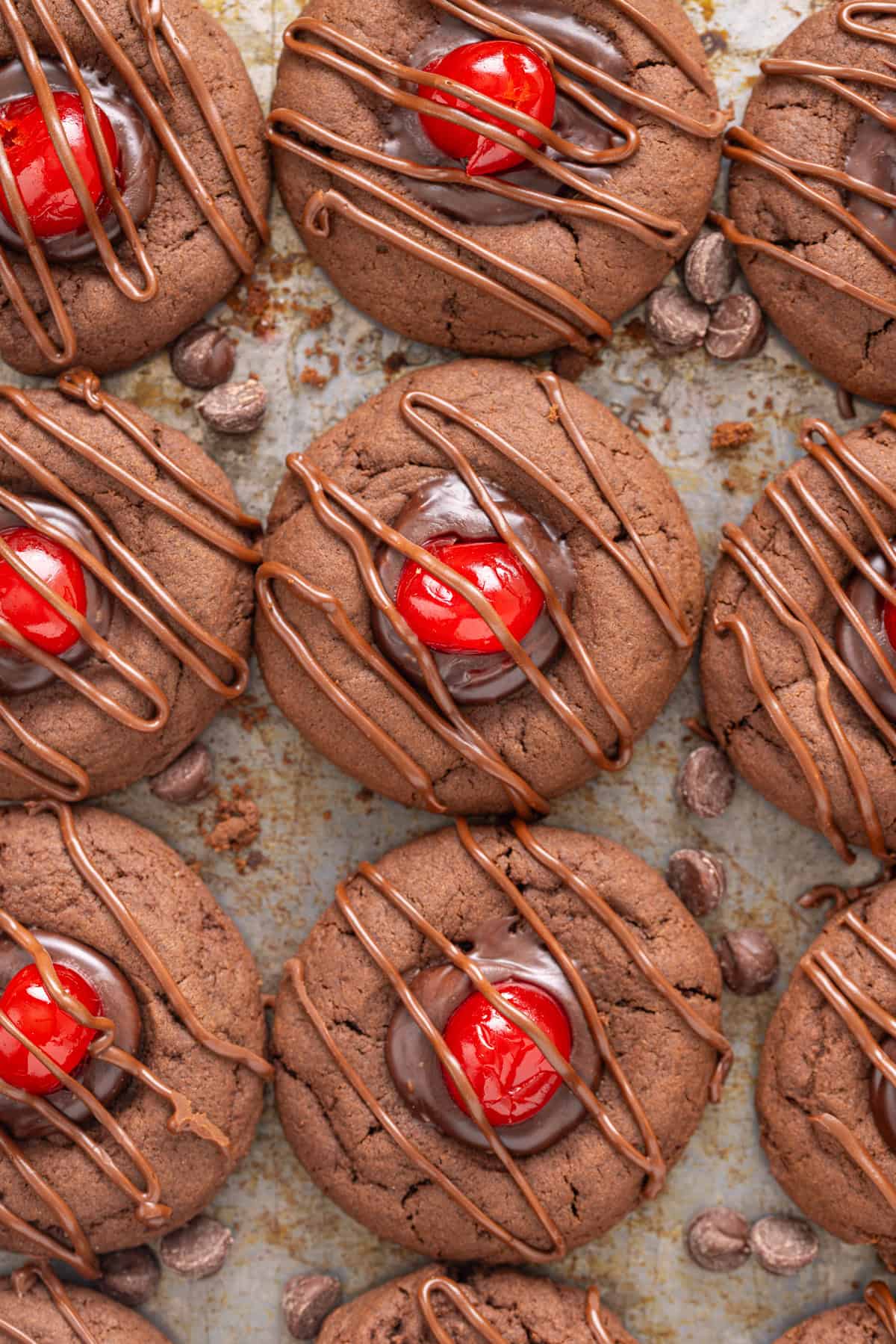 Overhead view of chocolate cherry cookies