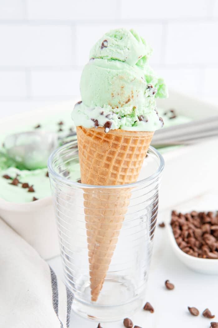 The Mint Chocolate Ice Cream in a cone.