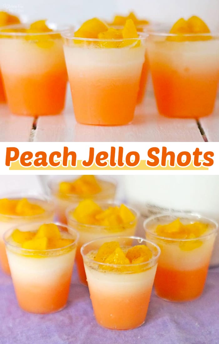These Peach Jello Shots are layered with Rum Chata, Torani peach syrup, and peach schnapps topped with fresh diced peaches for a sweet, boozy, and peachy treat!
