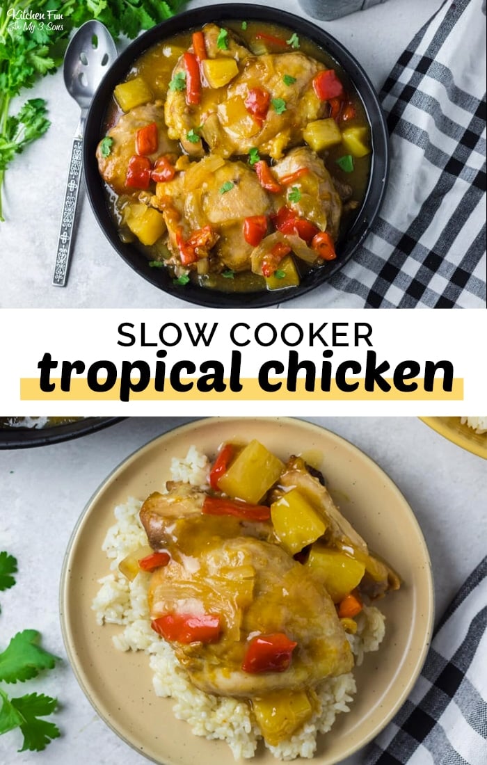 Slow Cooker Tropical Chicken has the best flavors! This is an easy dinner with ingredients like pineapple, apricot, and lemon.