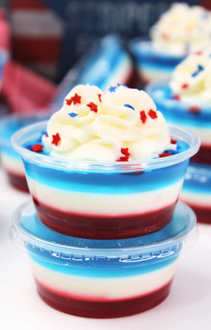 Close up of the 4th Of July Jello Shots.