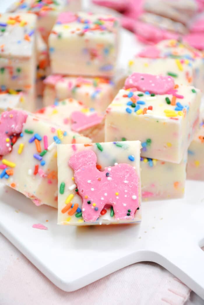 Animal Funfetti Fudge topped with animal crackers.