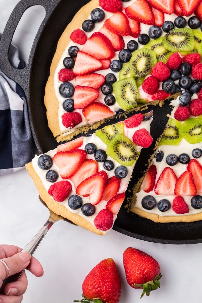 Fruit Pizza with a cookie crust and fresh fruit.