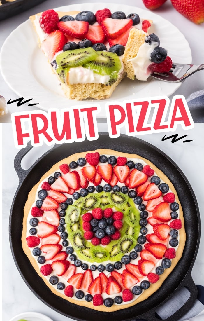 We're loving this delicious summer dessert recipe. Fruit Pizza is made with layers of fresh fruit, cream cheese frosting and a homemade sugar cookie crust.