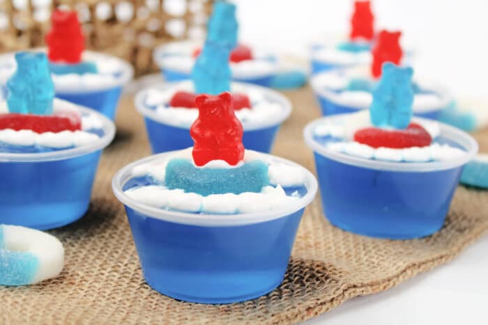Pool Party Jello Shots on a brown mat.