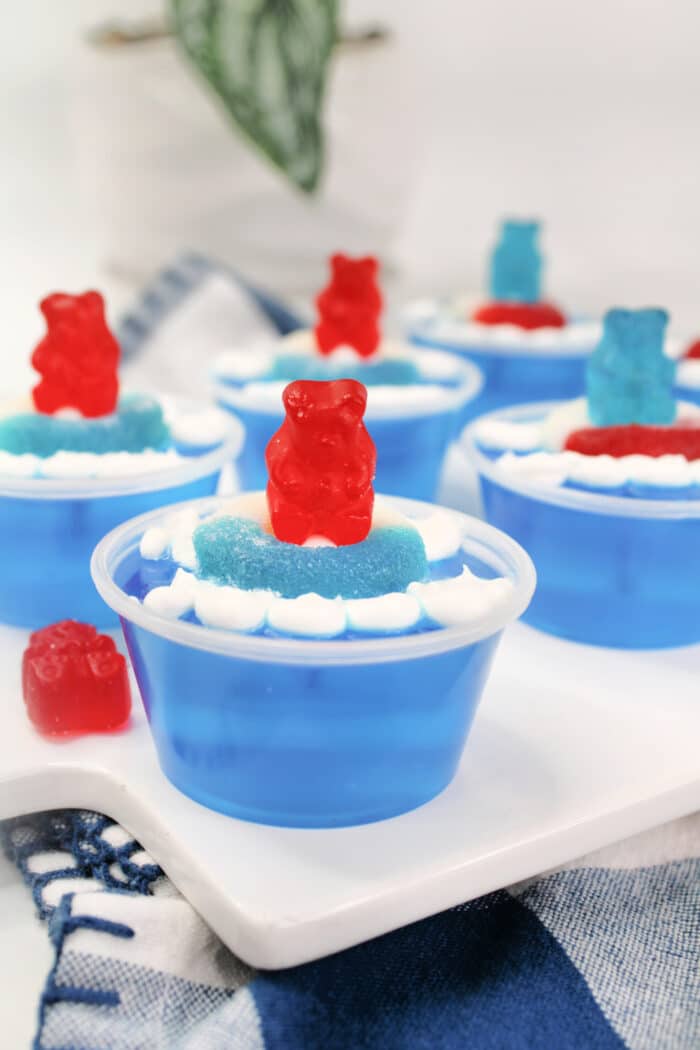 Pool Party Jello Shots topped with gummy rings.