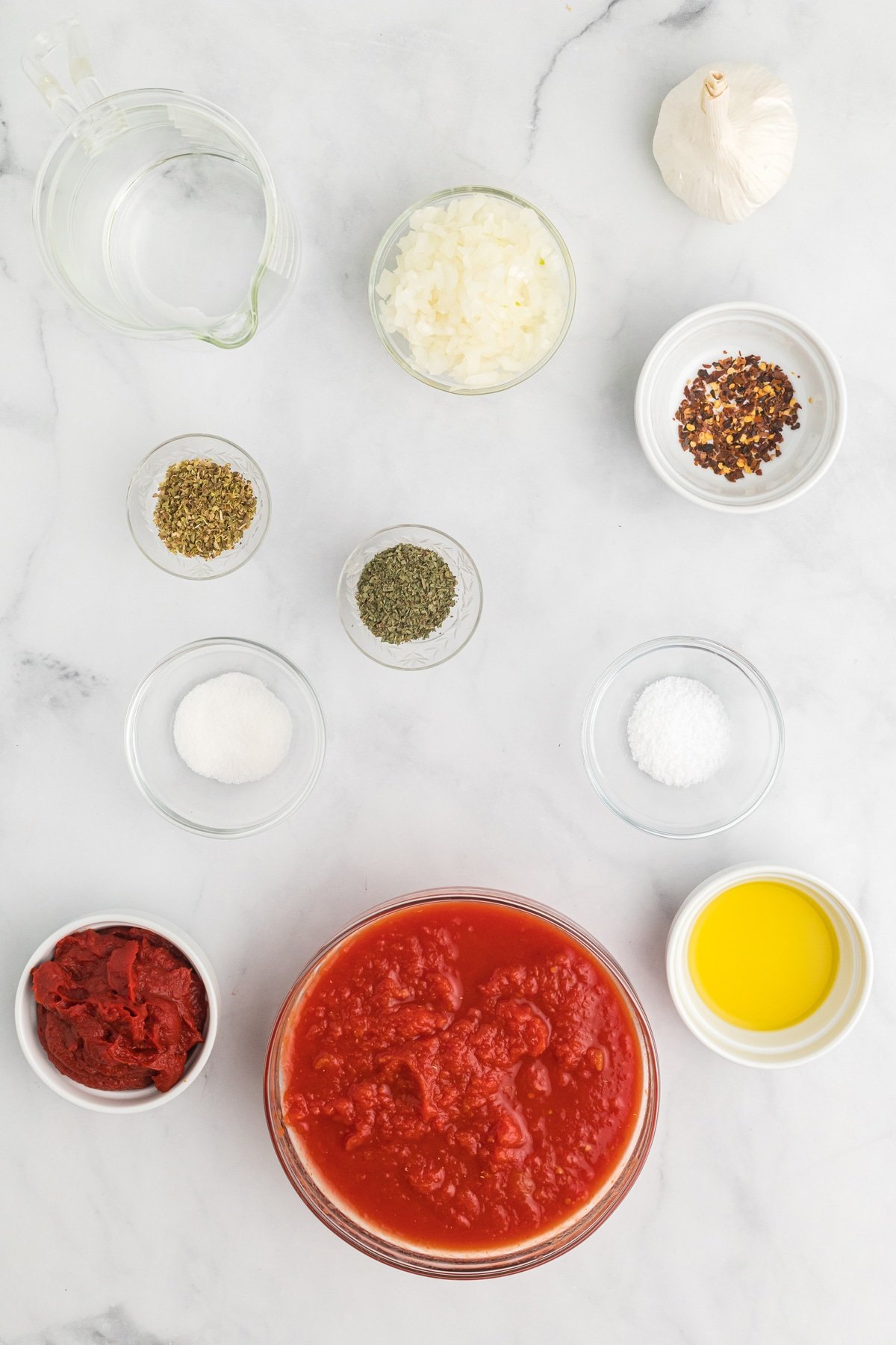 Overhead view of homemade marinara sauce ingredients