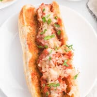 Overhead view of a meatball sub on a plate