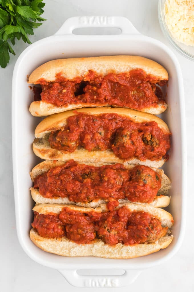 Meatball subs in a baking dish