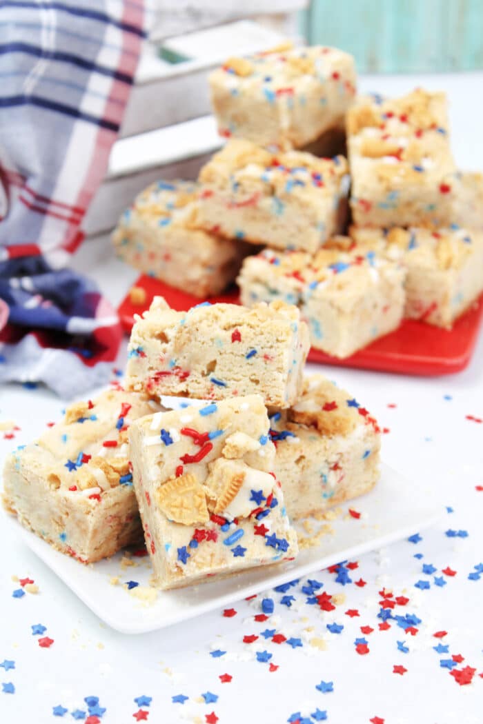 Patriotic Blondies stacked on top of each other.