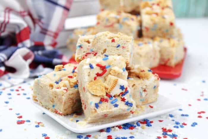 Patriotic Blondies on a white table.