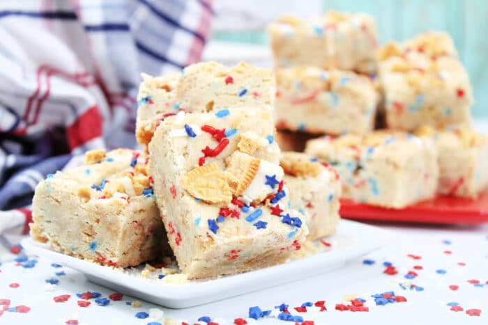 Patriotic Blondies topped with golden Oreos.