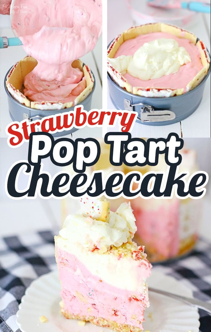 Strawberry Pop Tart Cheesecake is a such a fun dessert. This creamy, delicious no bake cheesecake is combined with real strawberry Pop Tarts!