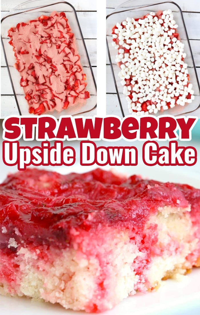 Strawberry Upside Down Cake is so perfect for Summer and only 4-ingredients! Starts with a fresh strawberry mixture on the bottom, topped with a white cake mix, baked and then flipped over. 