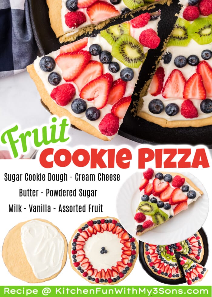 We're loving this delicious summer dessert recipe. Fruit Pizza is made with layers of fresh fruit, cream cheese frosting and a homemade sugar cookie crust. It's a great treat to make and take to holiday BBQs!