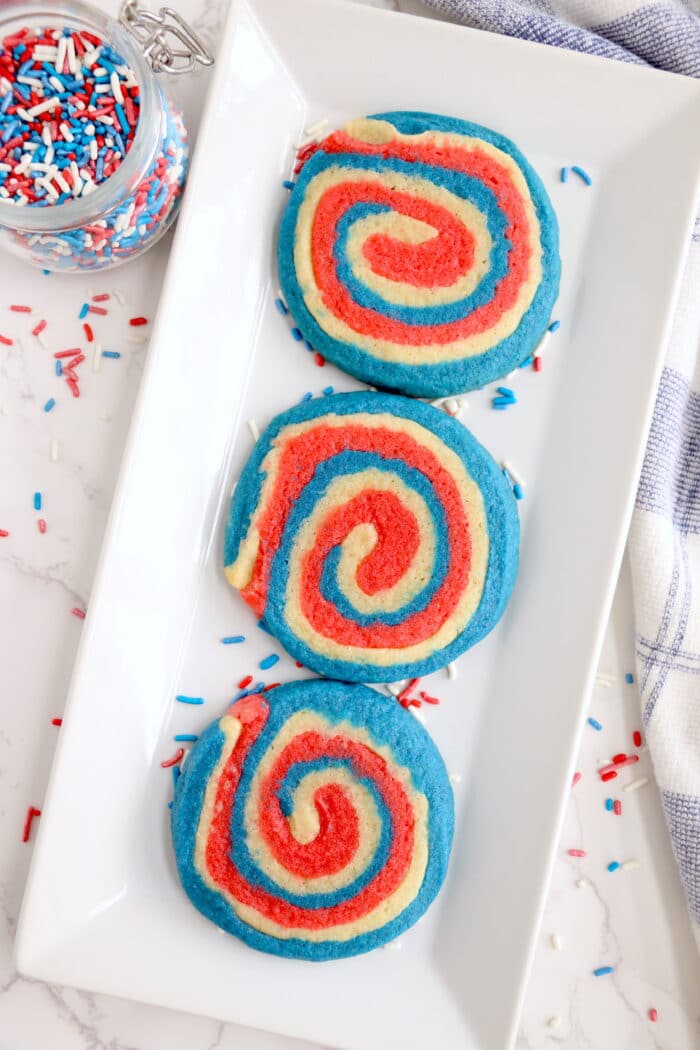 red, white and blue cookies in a pinwheel shape