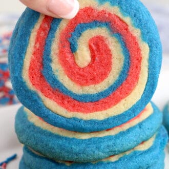 red, white and blue cookies in a pinwheel shape