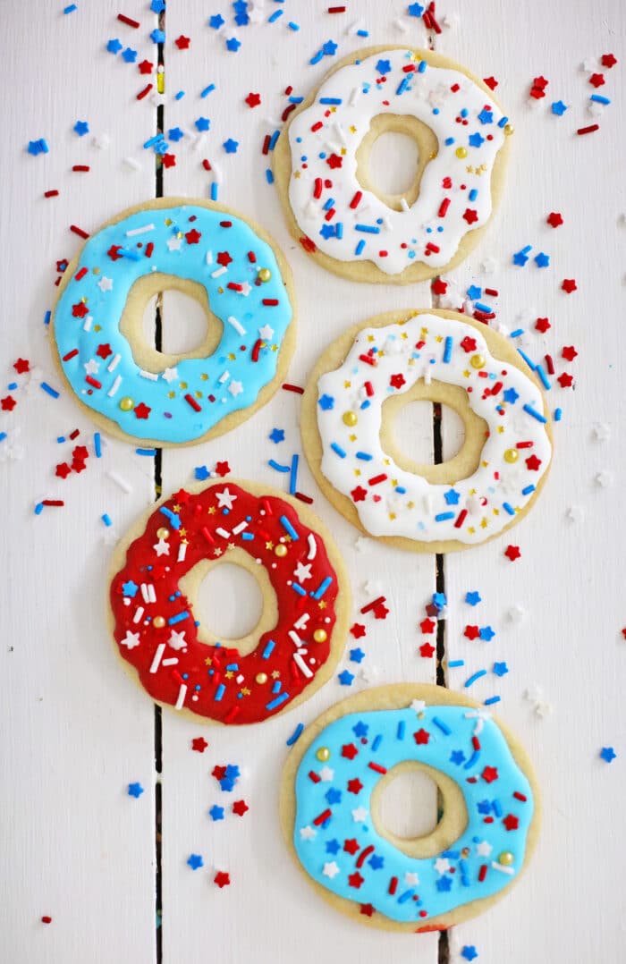 red, white and blue donut cookies